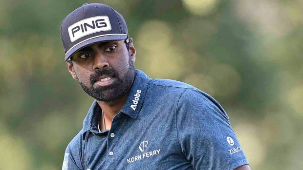 Sahith Theegala watches his putt on the 15th green during the final round of the 2023 Fortinet Championship.